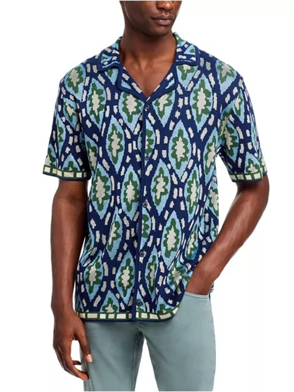 Scotch & Soda Geo Jacquard Knit Camp Shirt Button Down | Navy Blue Green | XXL
